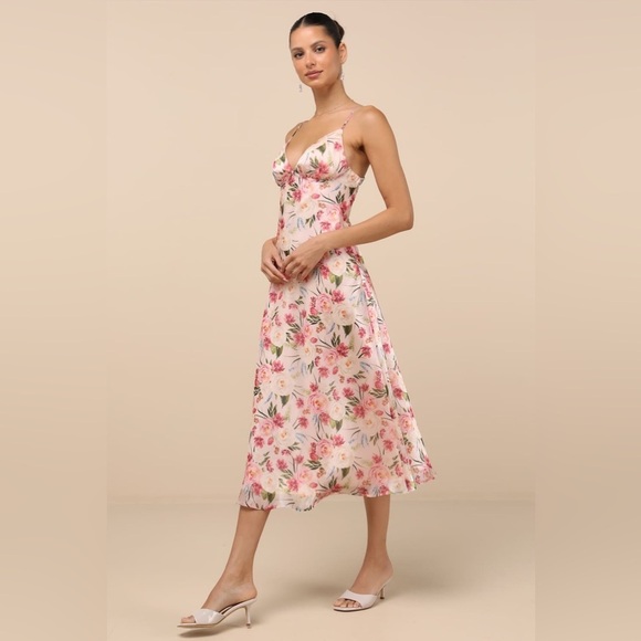 Lulus Alaia Blush Multi Floral Satin Backless Midi Dress Pink Size Medium NWT - Picture 3 of 14